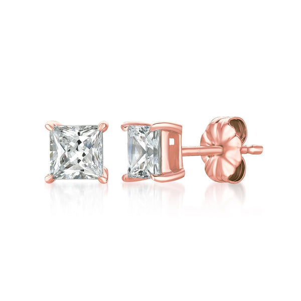 Solitaire Princess Stud Earrings Finished in 18kt Rose Gold - 1.50 Cttw - CRISLU