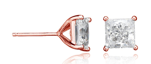 Solitaire Princess Stud Earrings Finished in 18kt Rose Gold - 2.50 Cttw - CRISLU