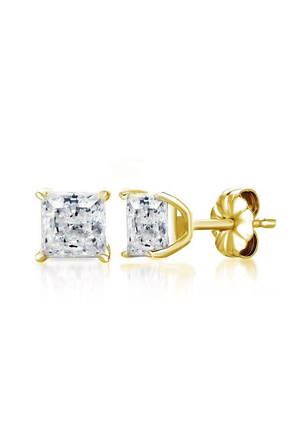 Solitaire Princess Stud Earrings Finished in 18kt Yellow Gold - 2.5 Cttw - CRISLU