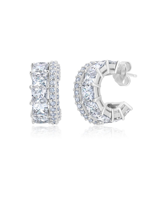 Square Princess Cut Huggie Hoop Earrings With Round Cut Trim - CRISLU