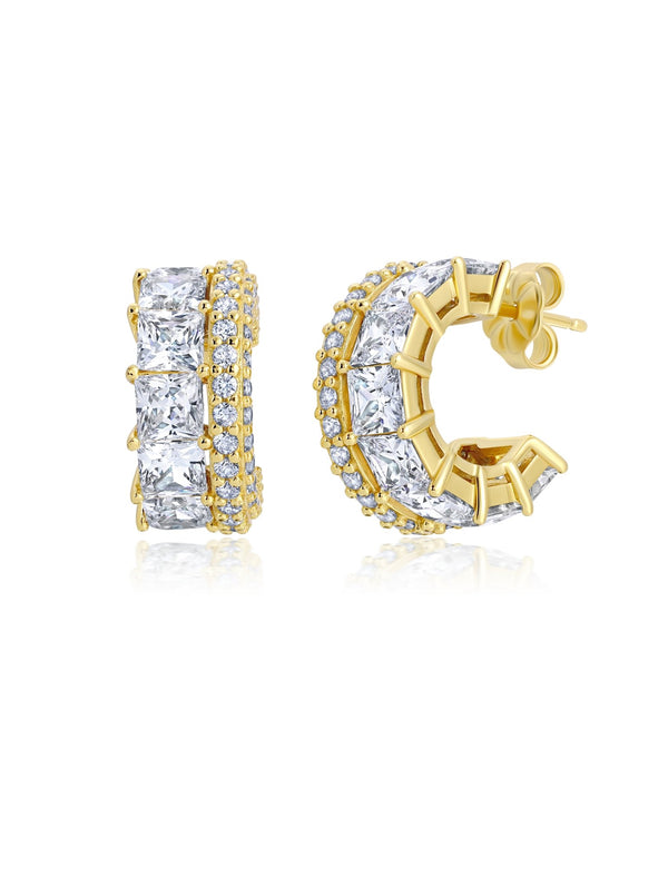 Square Princess Cut Huggie Hoop Earrings With Round Cut Trim - CRISLU