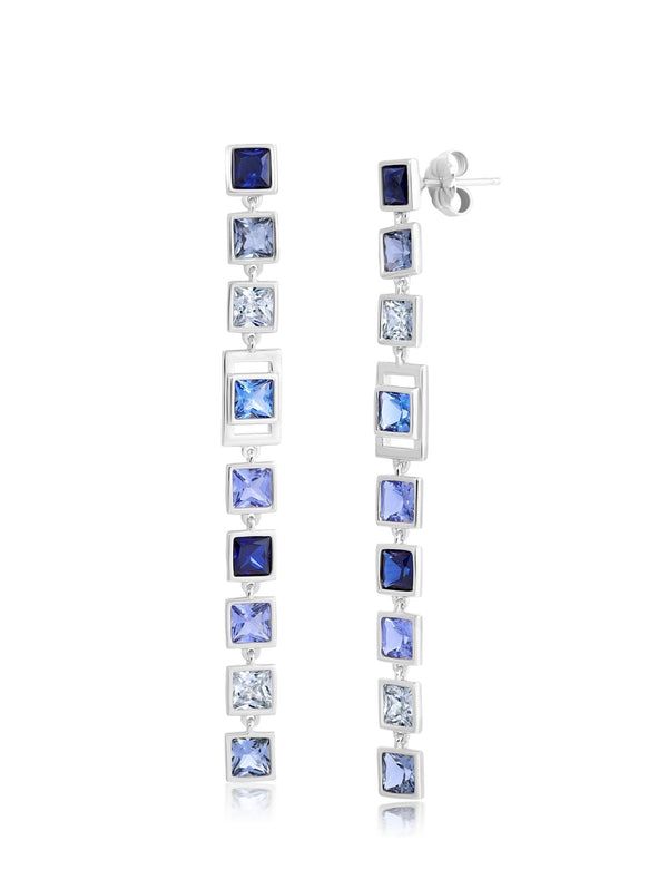 Square Princess Cut Periwinkle Colored Stone Long Linear Earrings - CRISLU