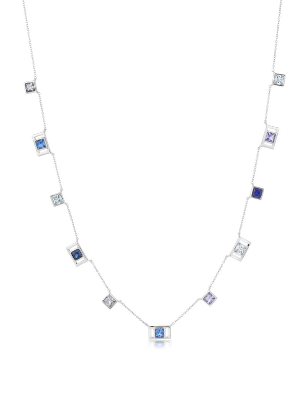 Square Princess Cut Periwinkle Colored Stone Station Necklace 16"+1"+1" - CRISLU