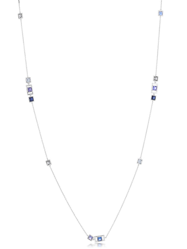 Square Princess Cut Periwinkle Colored Stone Station Necklace 34"+1" - CRISLU