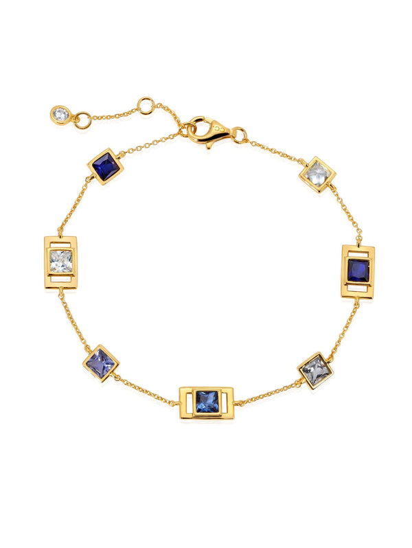 Square Princess Cut Station Periwinkle Colored Stone Bracelet 6.5"+0.5"+0.5" - CRISLU