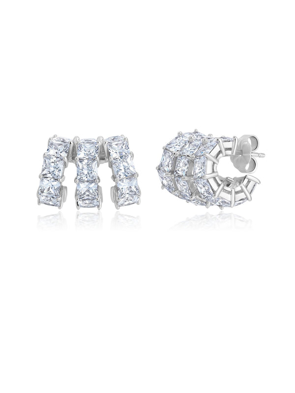 Square Princess Cut Three Row Huggie Hoop Earrings - CRISLU