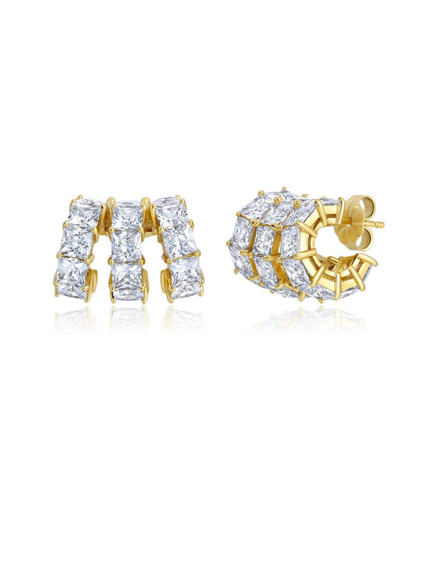 Square Princess Cut Three Row Huggie Hoop Earrings - CRISLU