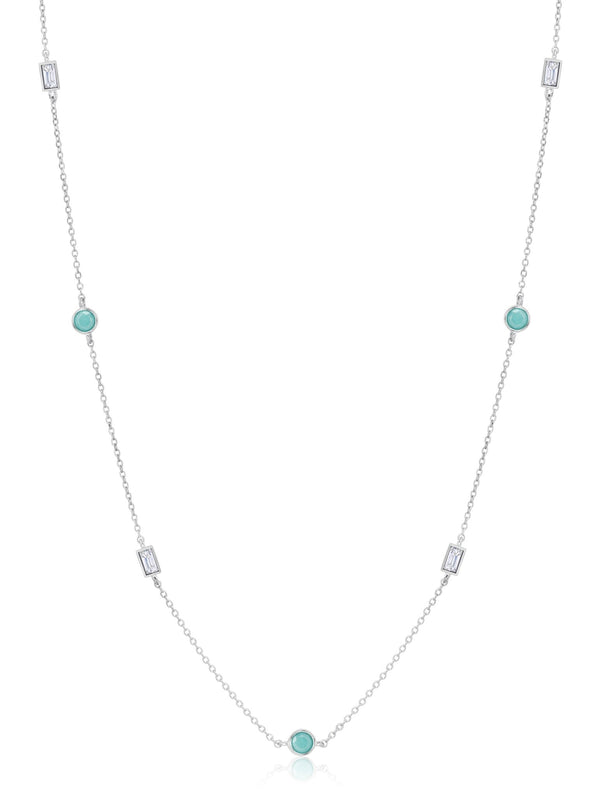 Turquoise and Baguette 16"+2" Multi Station Necklace In Pure Platinum - CRISLU