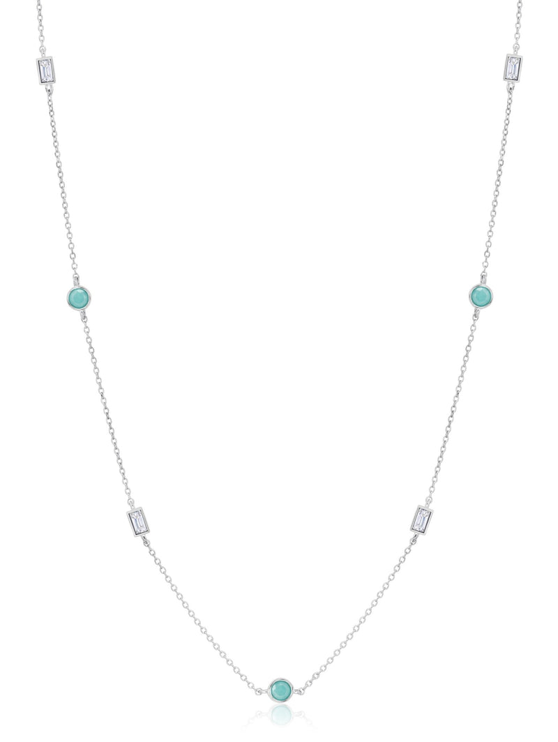 Turquoise and Baguette 16"+2" Multi Station Necklace In Pure Platinum - CRISLU