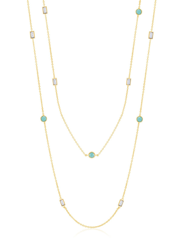 Turquoise and Baguette 36" Multi Station Necklace In 18kt Yellow Gold - CRISLU
