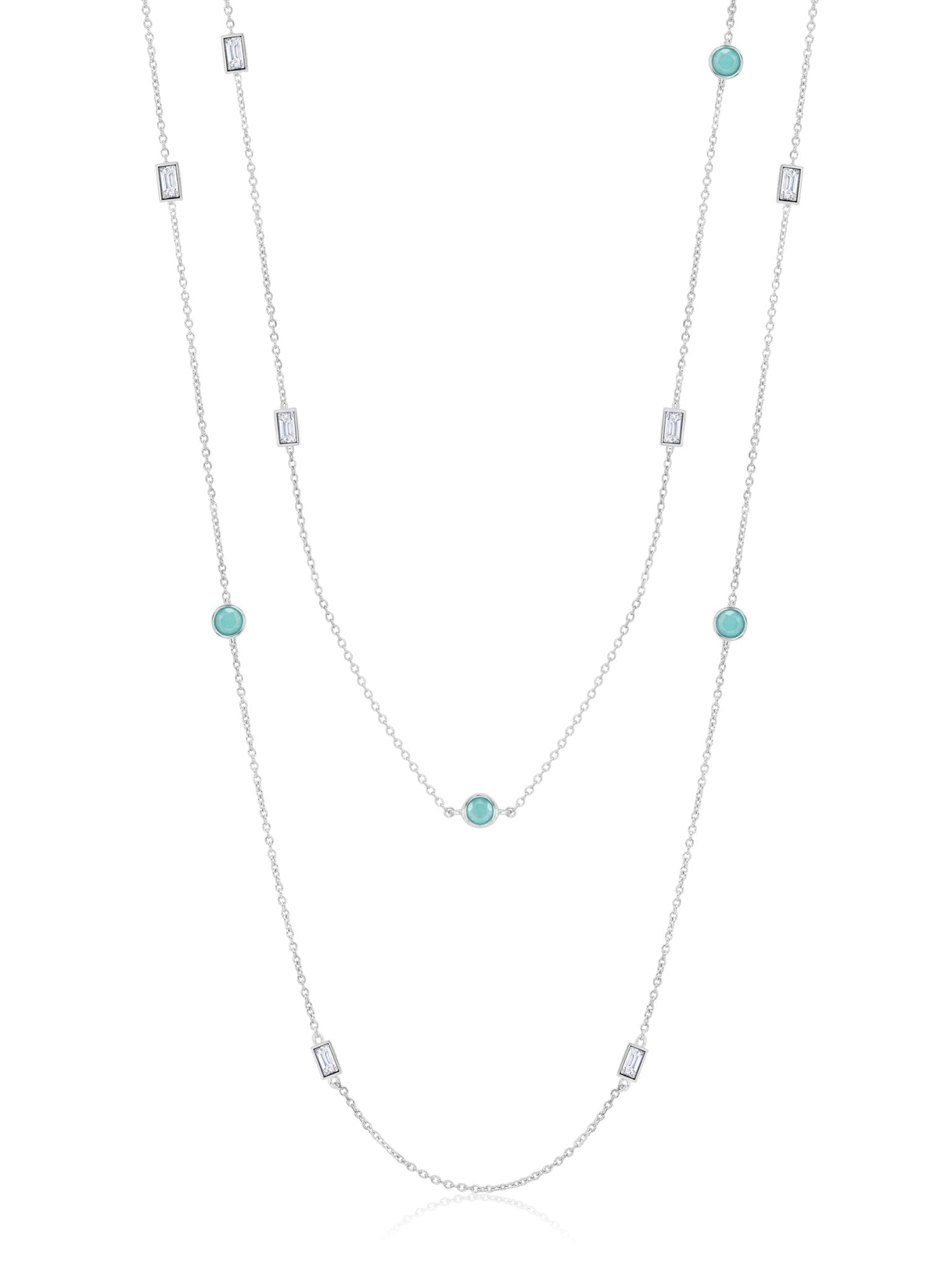 Turquoise and Baguette 36" Multi Station Necklace In Pure Platinum - CRISLU