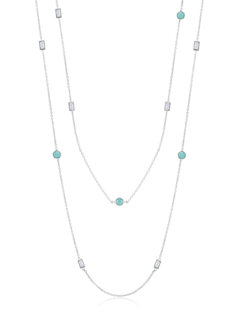 Turquoise and Baguette 36" Multi Station Necklace In Pure Platinum - CRISLU