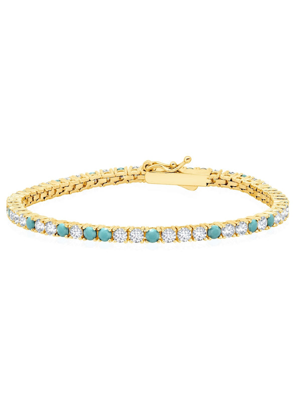 Turquoise and Flawless Cubic Zirconia Tennis Bracelet In 18kt Yellow Gold - CRISLU