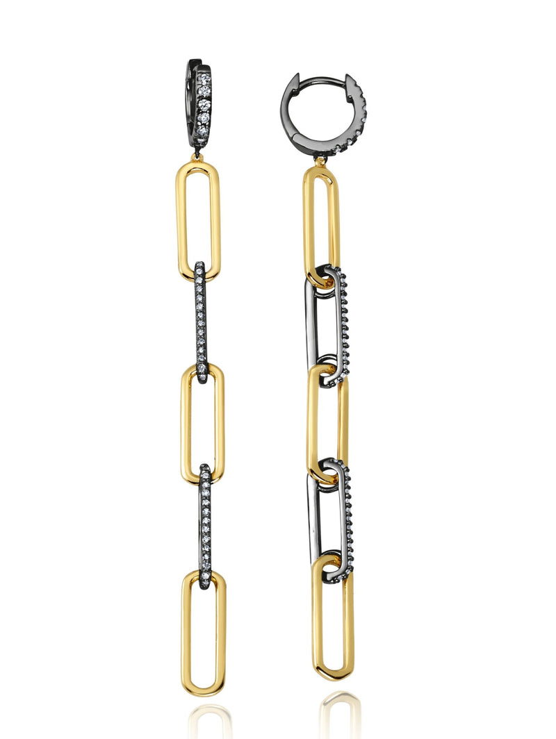 Two Tone Huggie Open Link Earrings Finished in Black Rhodium and 18kt Yellow Gold - CRISLU