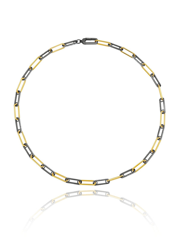 Two Tone Link Pave 18" Necklace Finished in Black Rhodium and 18kt Yellow Gold - CRISLU