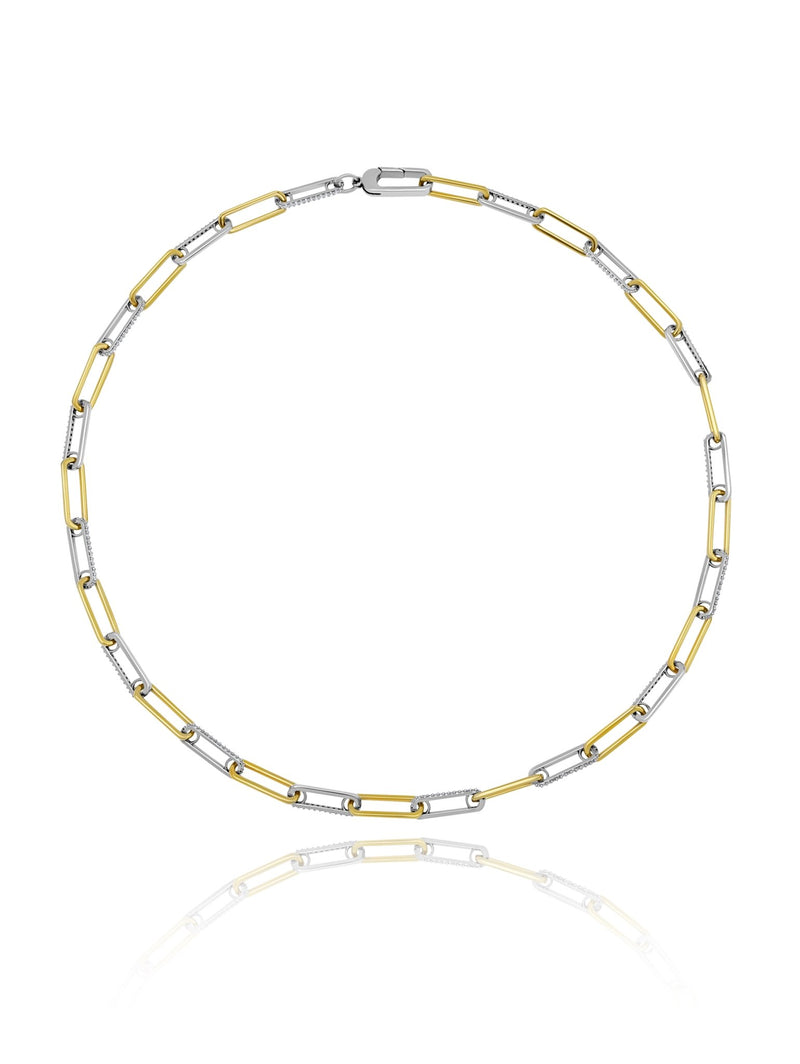 Two Tone Link Pave 18" Necklace Finished in Pure Platinum and 18kt Yellow Gold - CRISLU